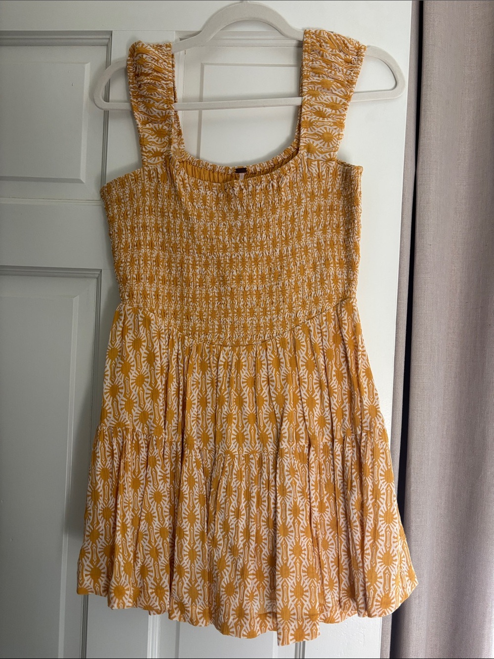 Free People Smocked Sundress in Mustard Yellow and White